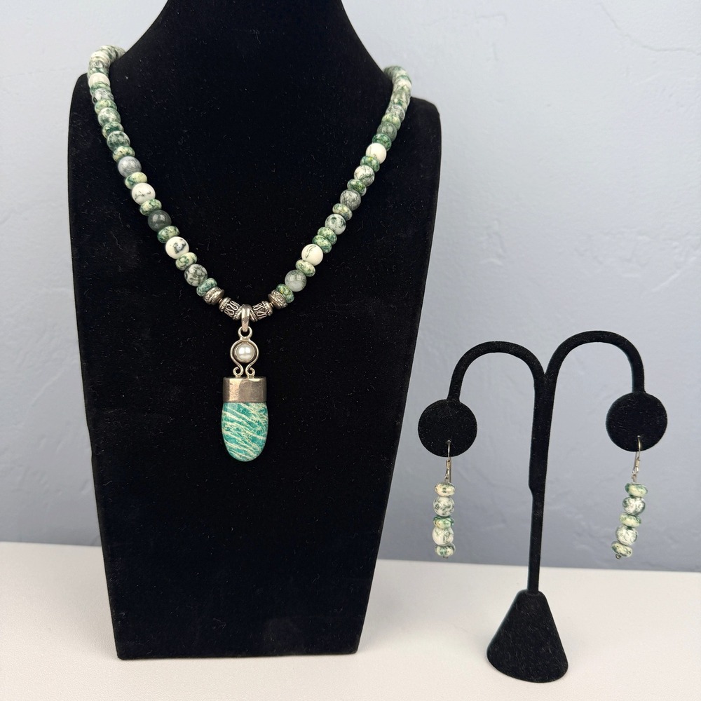 Artisan Sterling 925 Amazonite Pendant Tree Agate Necklace Mother Pearl Set‎
